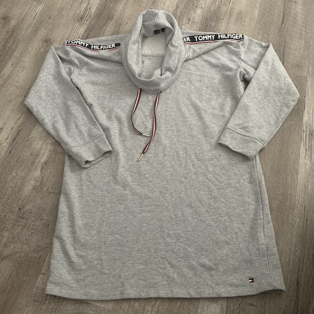 Tommy Hilfiger Spell Out Long Sweatshirt Dress Womens Sz Small Gray Tunic Cowl - Picture 3 of 6